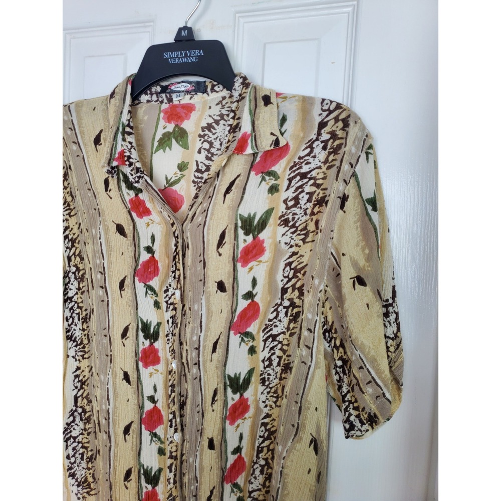 Sand Piper Button Up Shirt Tan Floral Striped Animal Print Blouse Vintage M